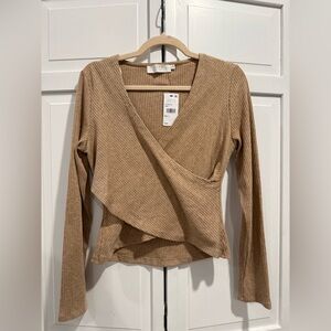 Astr Ribbed Tan Wrap Blouse
